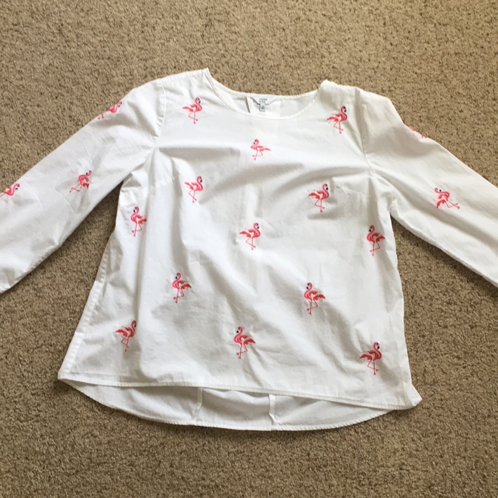crown & ivy White Top with Pink Flamingo Embroidery